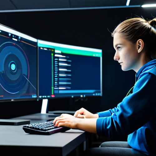 Home 14 A professional male esports coach and a young adult female esports player in a modern, clean esports training facility. Both are fully clothed in professional, modest athletic wear. They are seated side-by-side at a high-tech gaming station, looking intently at a large monitor displaying detailed game analytics. The coach points to the screen with a natural pose, explaining a concept to the player, who listens attentively. The scene is brightly lit, showcasing a clean, professional environment. perfect anatomy, correct proportions, natural pose, well-formed hands, proper finger count, natural body proportions, safe for work, appropriate content, fully clothed, professional, high quality.