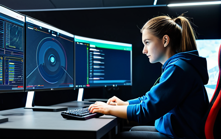 A professional male esports coach and a young adult female esports player in a modern, clean esports training facility. Both are fully clothed in professional, modest athletic wear. They are seated side-by-side at a high-tech gaming station, looking intently at a large monitor displaying detailed game analytics. The coach points to the screen with a natural pose, explaining a concept to the player, who listens attentively. The scene is brightly lit, showcasing a clean, professional environment. perfect anatomy, correct proportions, natural pose, well-formed hands, proper finger count, natural body proportions, safe for work, appropriate content, fully clothed, professional, high quality.