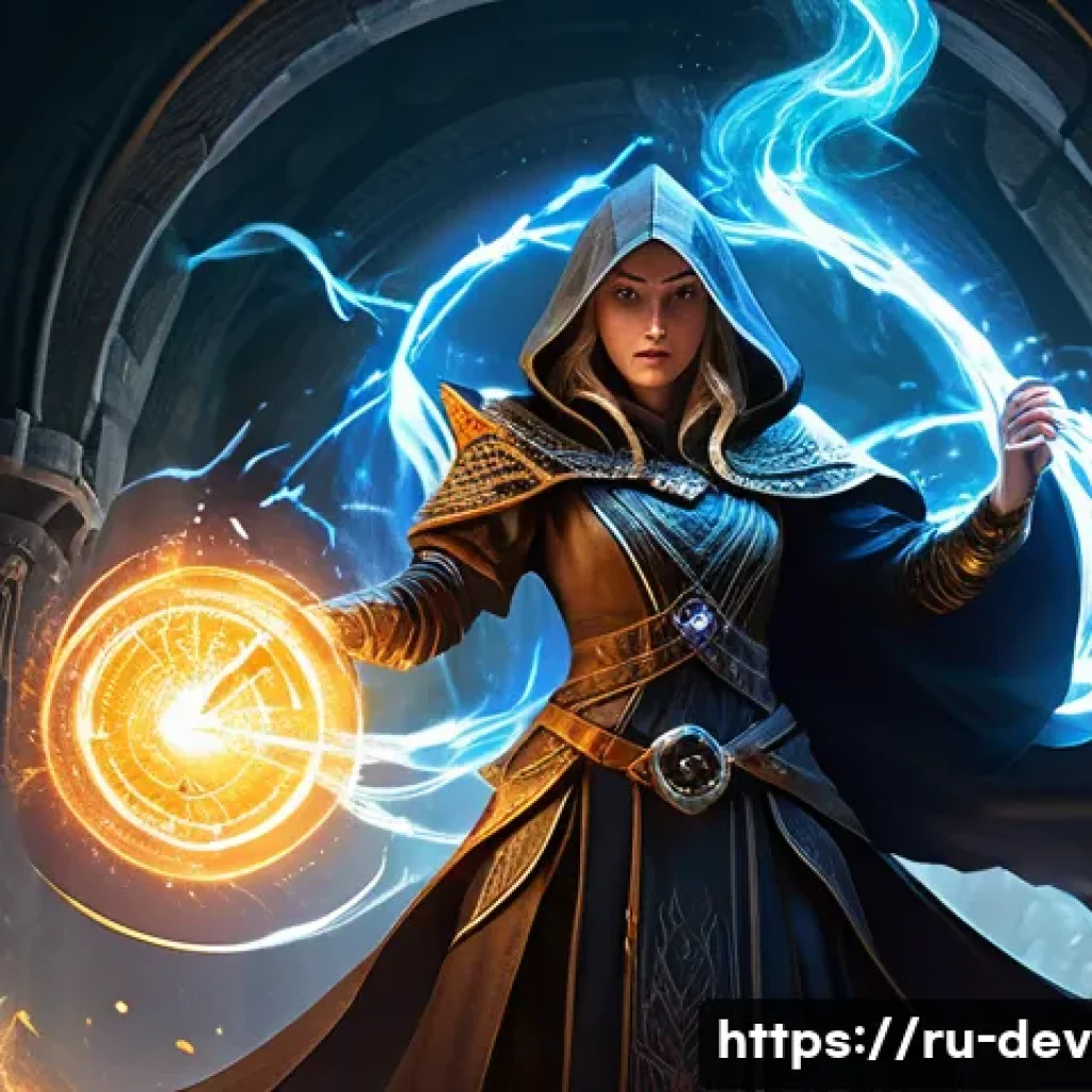 데블 M 아이템 습득 방법 - A determined female sorceress, dressed in elegant yet practical modest battle robes, unleashes a pow...