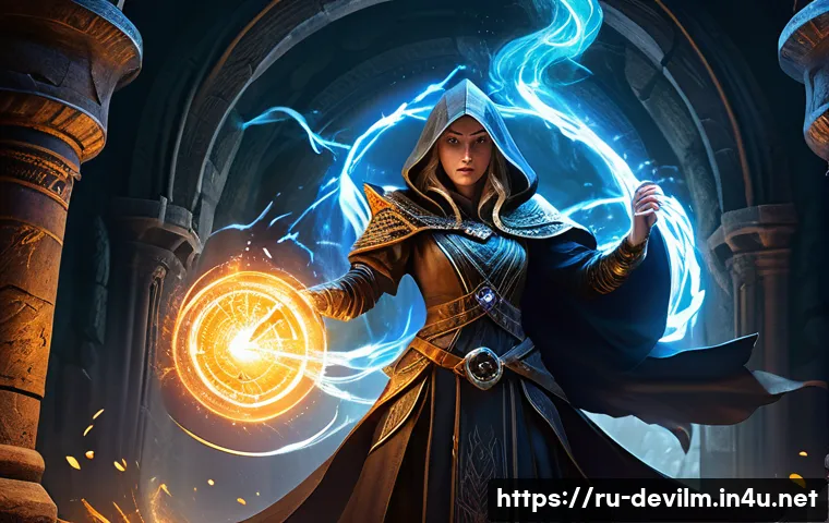 데블 M 아이템 습득 방법 - A determined female sorceress, dressed in elegant yet practical modest battle robes, unleashes a pow...