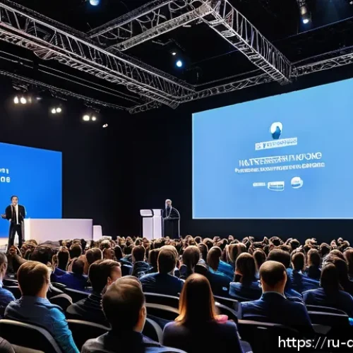Home 15 데블 M 오프라인 이벤트 정보 - A vibrant conference scene inside a modern Moscow-City conference center, showing diverse attendees ...