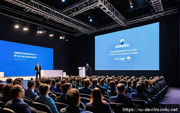 데블 M 오프라인 이벤트 정보 - A vibrant conference scene inside a modern Moscow-City conference center, showing diverse attendees ...