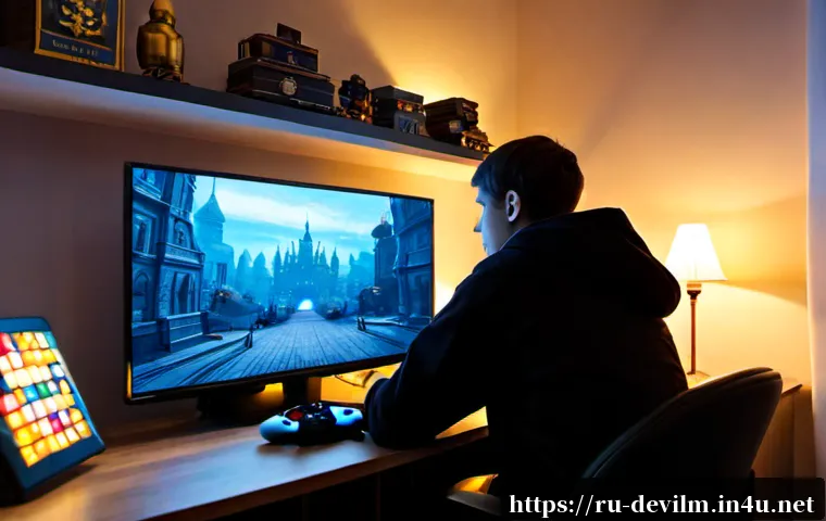 Home 30 데블 M 콜렉션 완성 보상 - Photorealistic gaming desk scene in a cozy modern Moscow apartment at dusk, a young adult player vie...