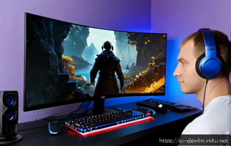 Home 17 데블 M 트위치 방송 가이드 - Photorealistic Russian-speaking gaming streamer at a tidy home desk, wearing headphones and speaking...
